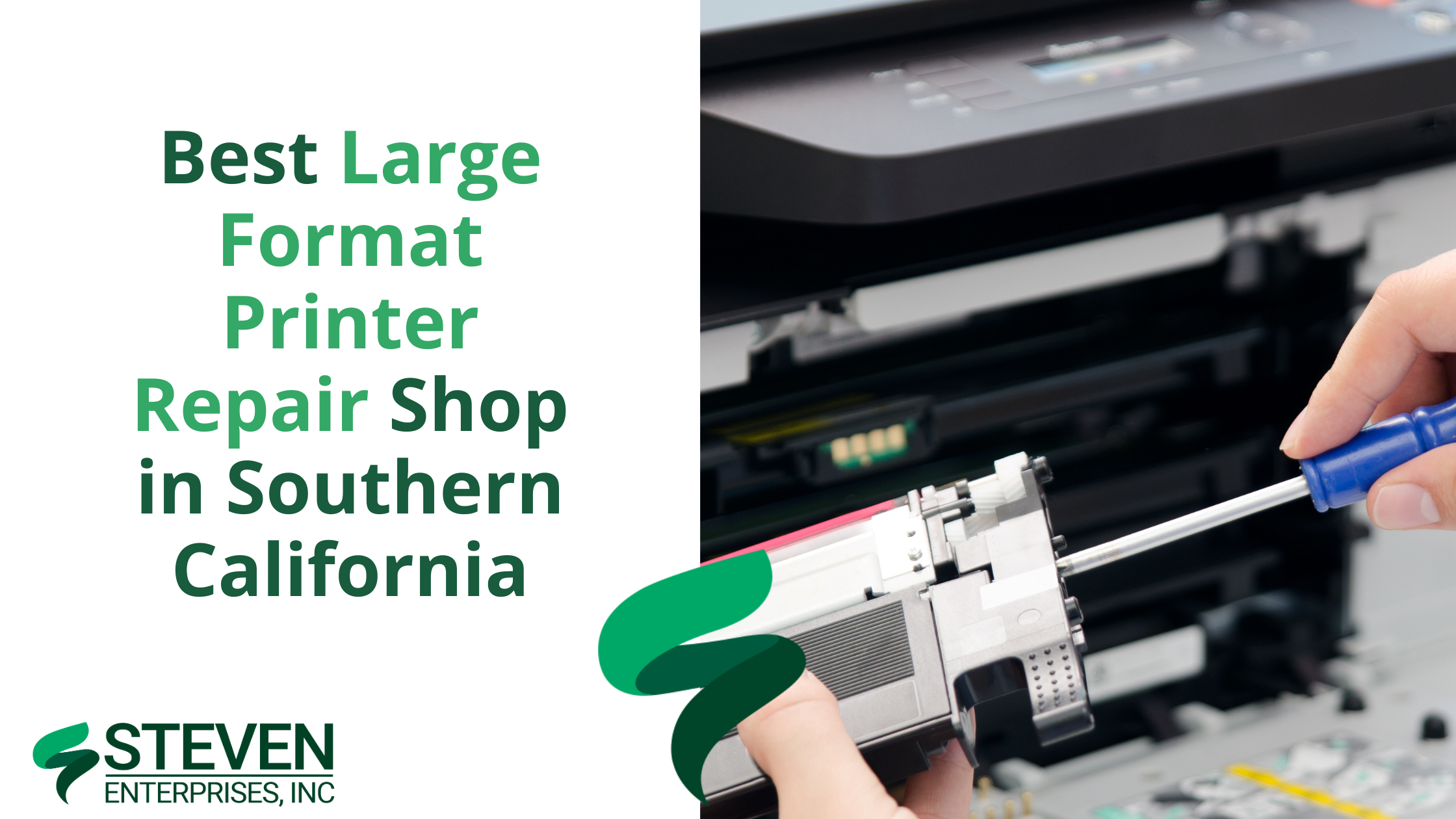 Technician repairing a large format printer at Steven Enterprises service center